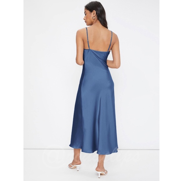 Blue Satin Cami Dress Midi Adjustable Spaghetti Straps - Picture 4 of 7